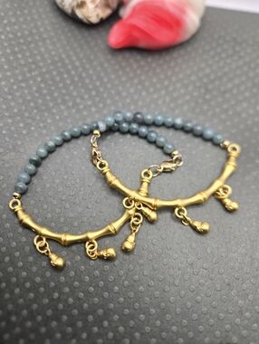 Gold Bamboo Charm Beaded Bracelet with Blue Water Jade Beads